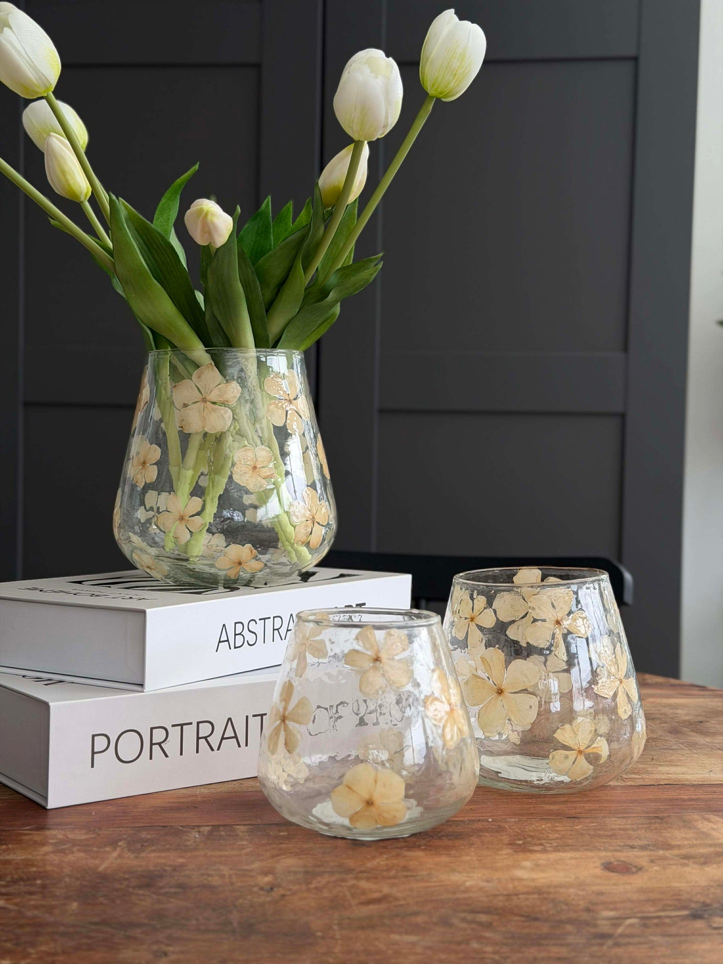 Lysestage - Glas med blomster - flere størrelser