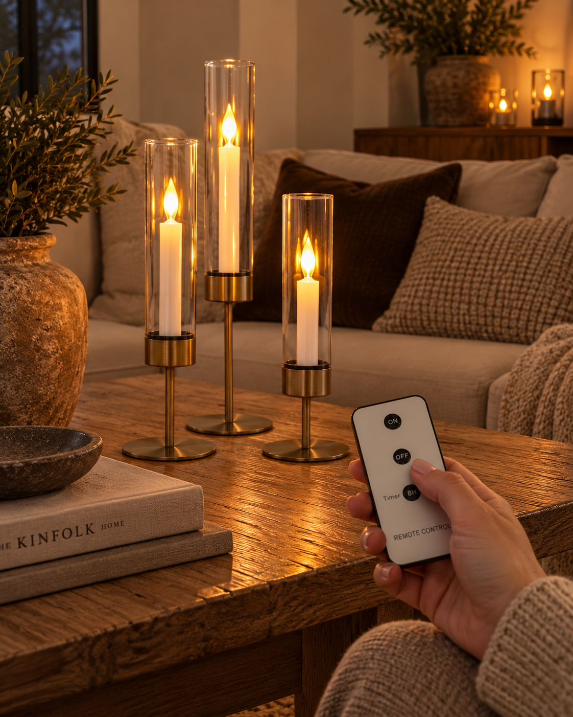 Cylinder lysestage m. LED lys - Sæt af 3 stk