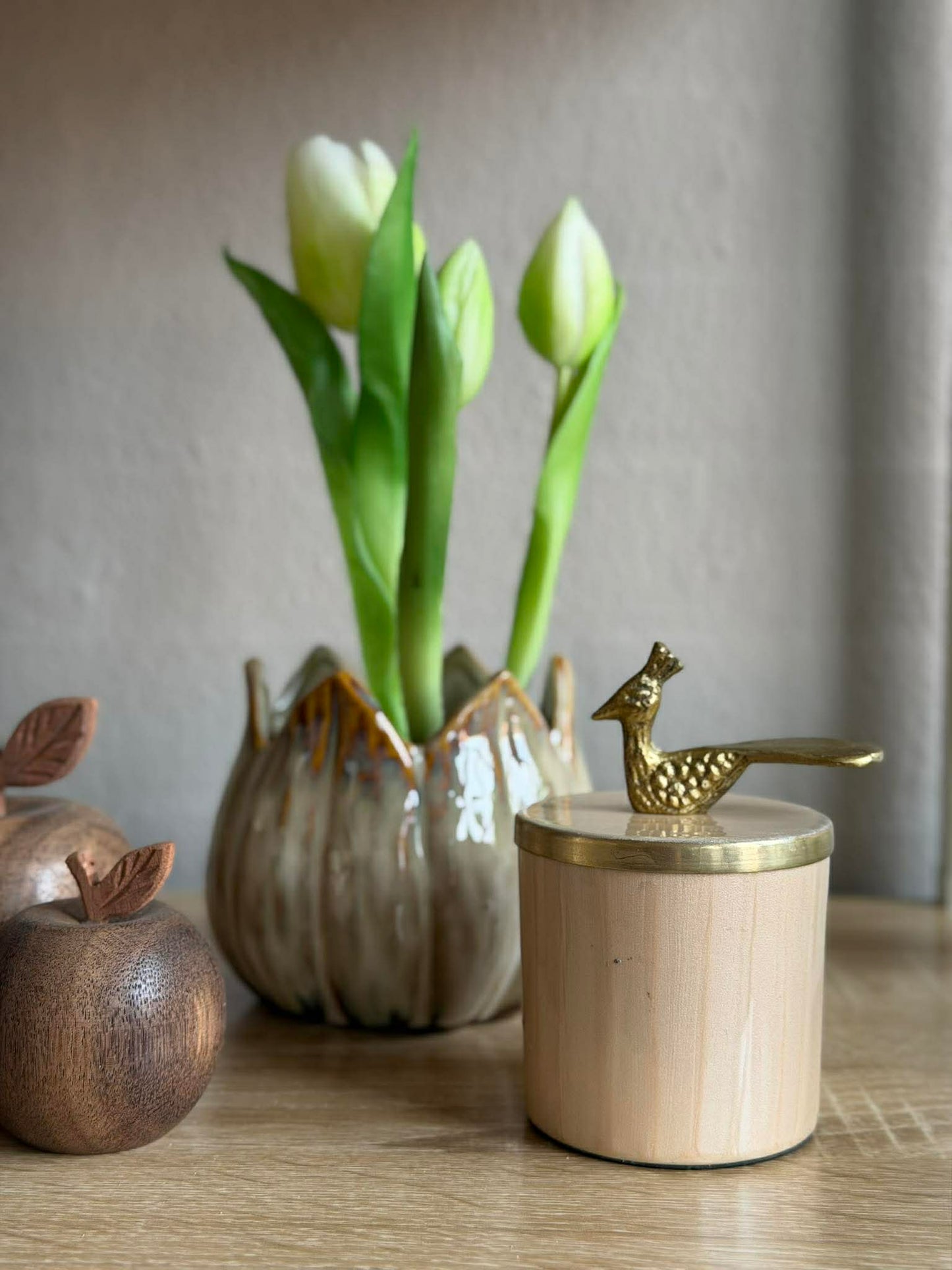 Krukke med låg – Beige med fugl i guld