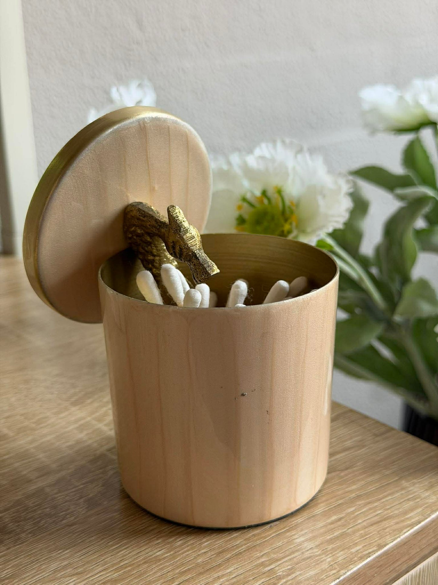 Krukke med låg – Beige med fugl i guld