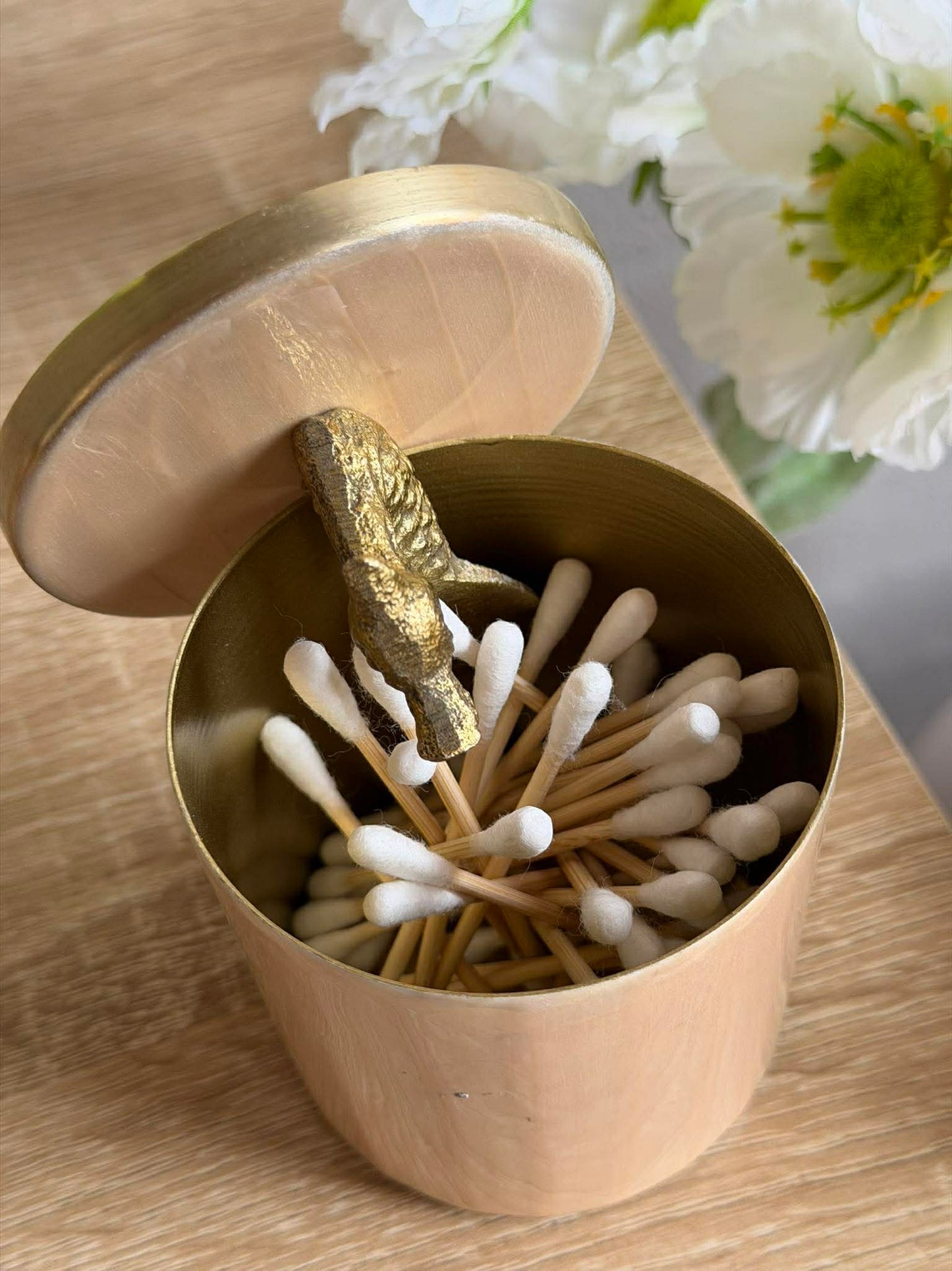 Krukke med låg – Beige med fugl i guld