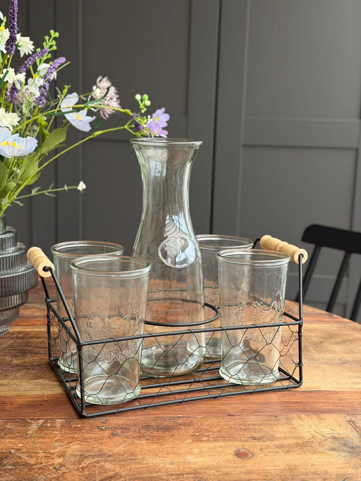 Sæt med bakke, 4 glas og kande