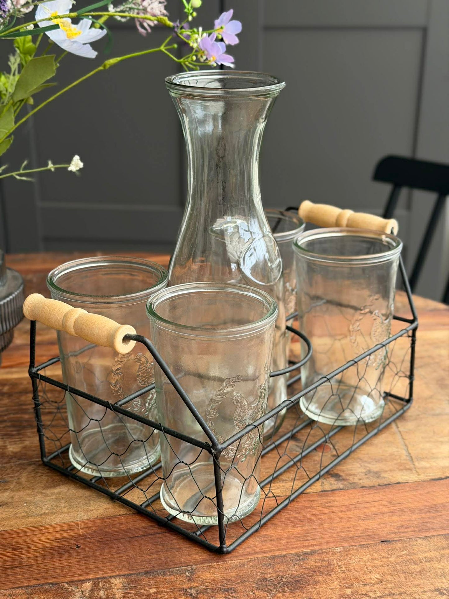 Sæt med bakke, 4 glas og kande