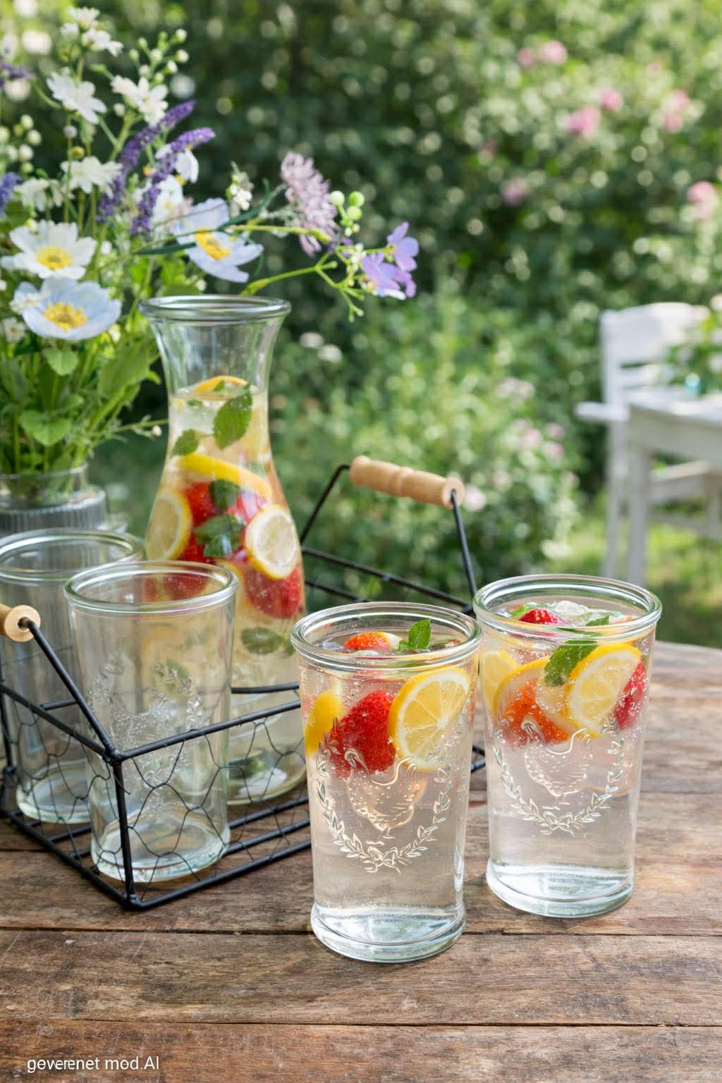 Sæt med bakke, 4 glas og kande