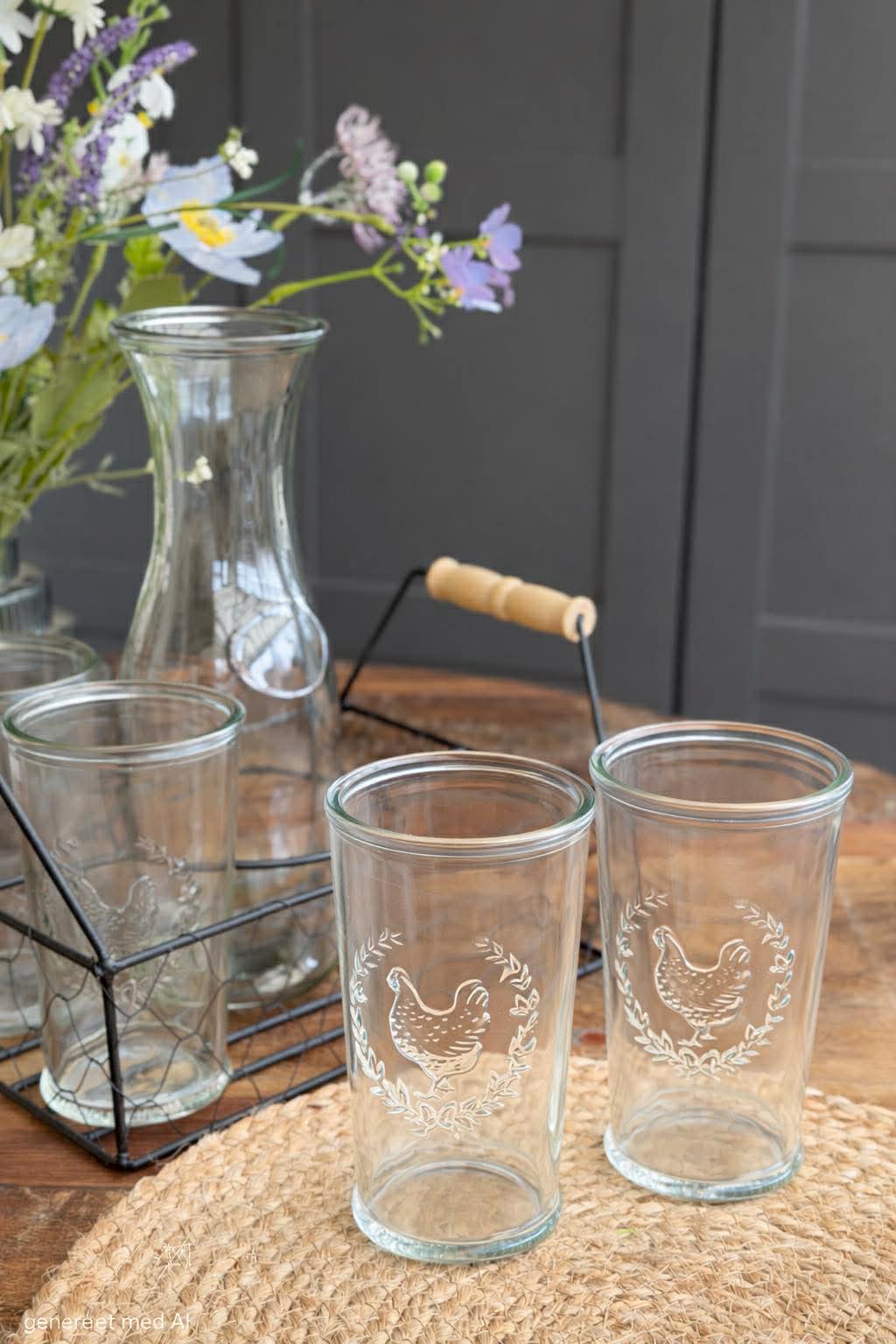 Sæt med bakke, 4 glas og kande