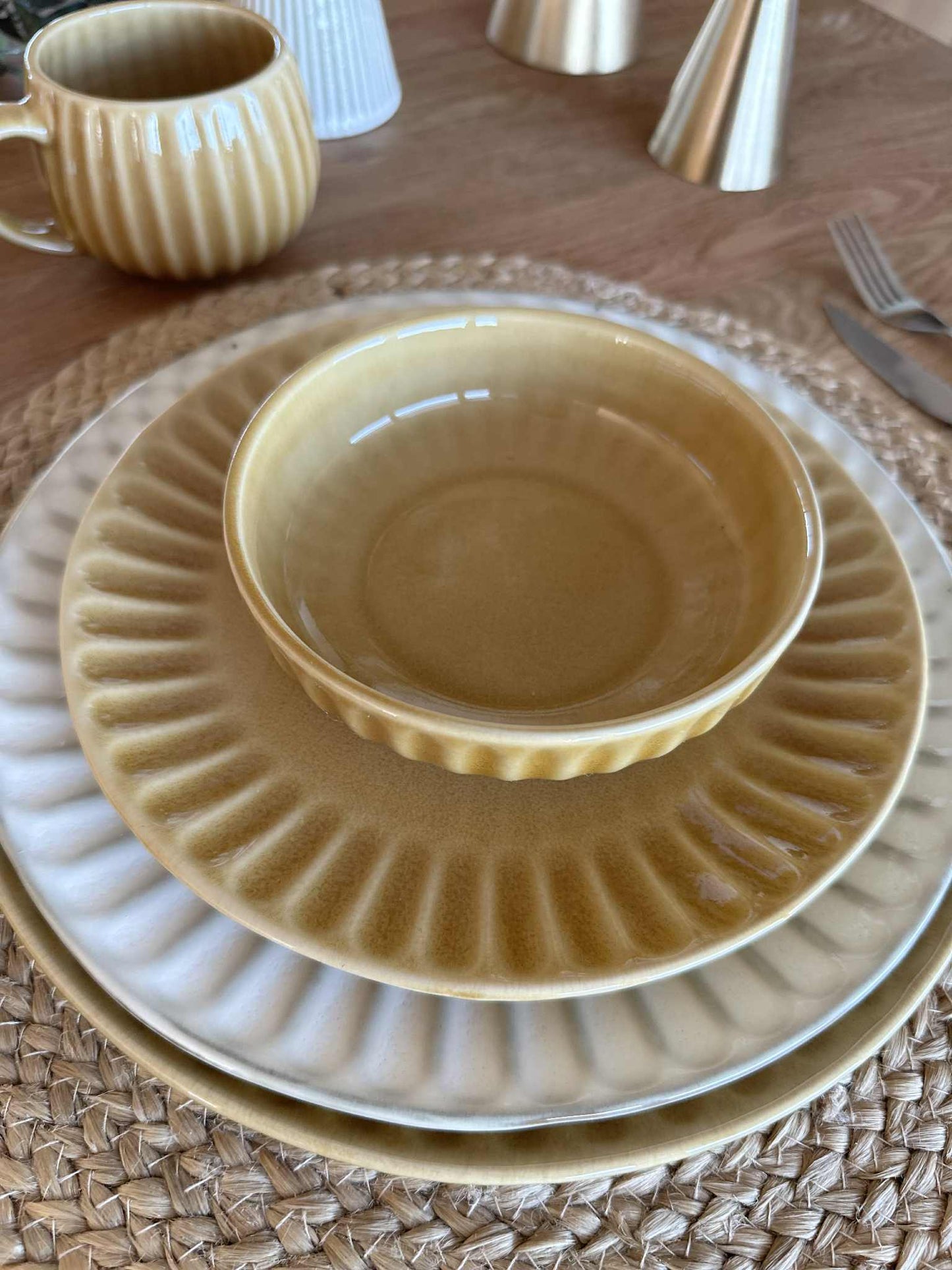 Skål VIGA strib stentøj - Sennep flere størrelser