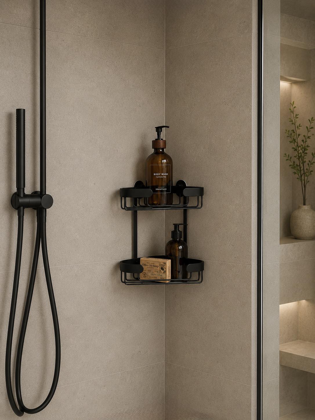 Dobbelt hjørnehylde til bad - Sort aluminium
