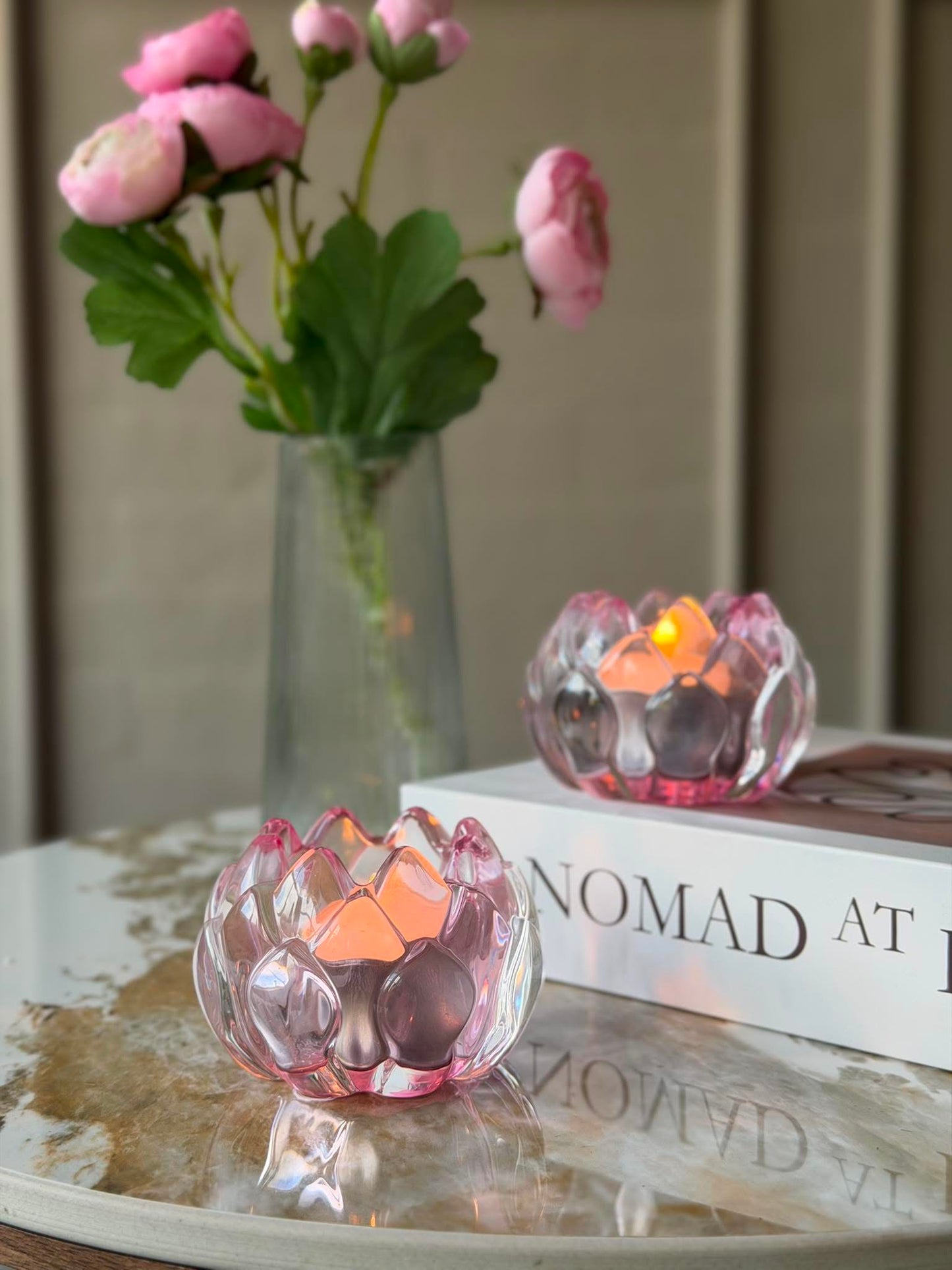 Lysestage rosa blomst  - Sæt med 2 stk