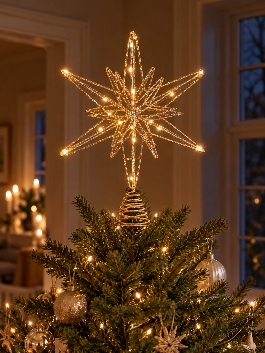 Stjerne med 20 LED lys – champagne-guld