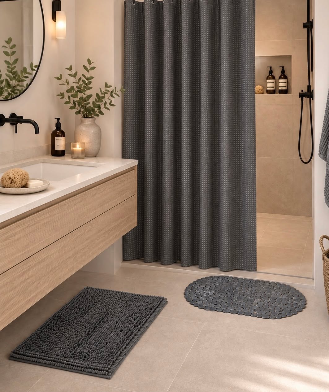 Badeværelsessæt: Badeforhæng & bademåtte / Dark grey