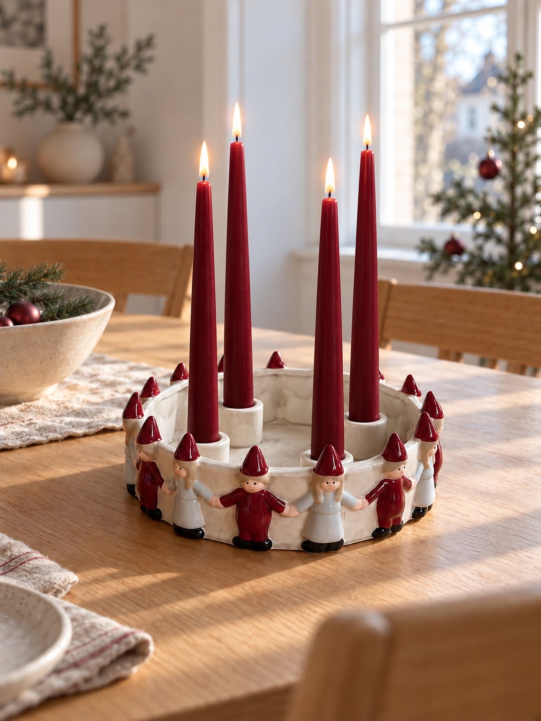 Lysestage til advent – nisser i rundkreds