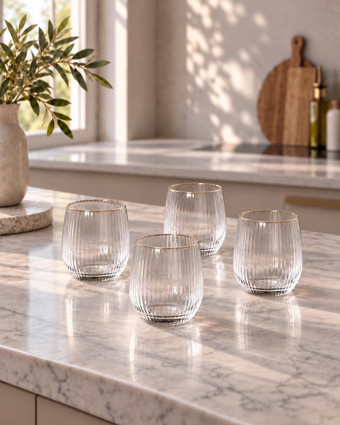 Vandglas Rillet med guld kant - 4 stk.