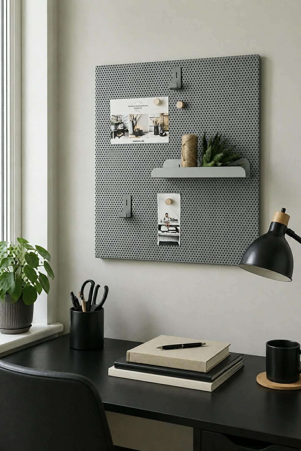 Tavle med hylde, kroge og magneter - Grå