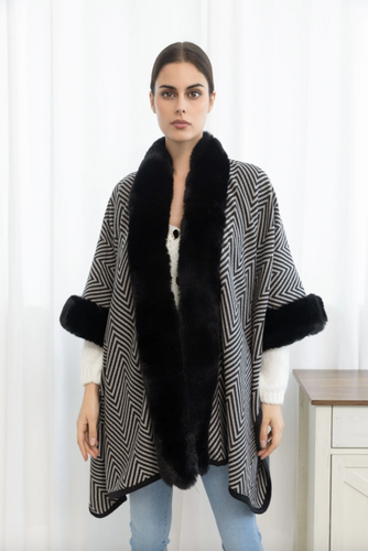 Poncho med pelskant - Black