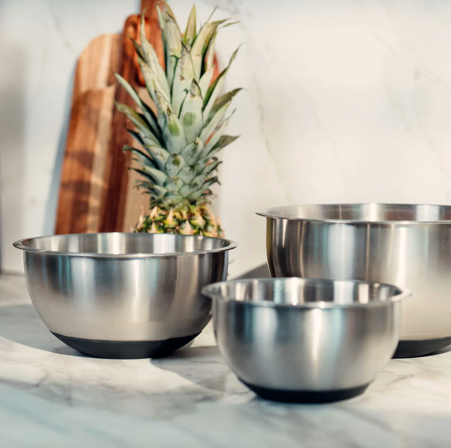 Røreskål med silikonebund og låg , Sæt med 3 stk