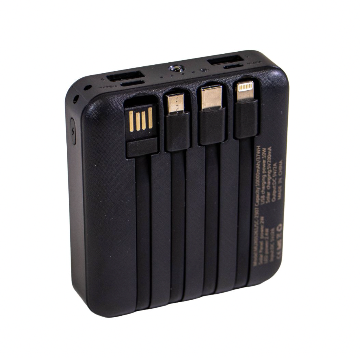 Mini solar powerbank med kabler, 10.000 mAh