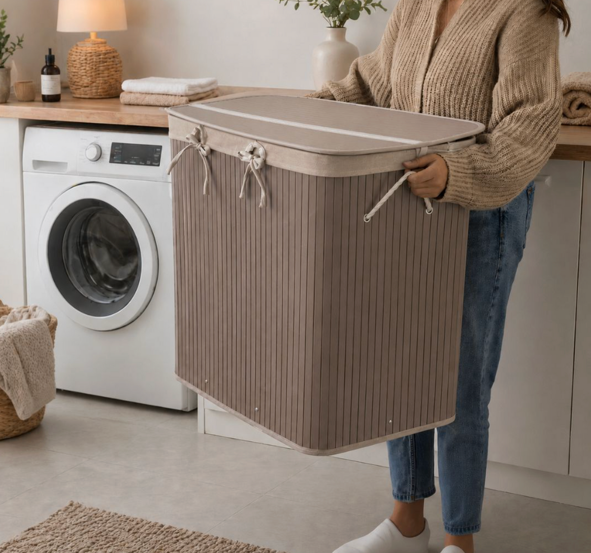 Vasketøjskurv Beige – Bambus med tre rum