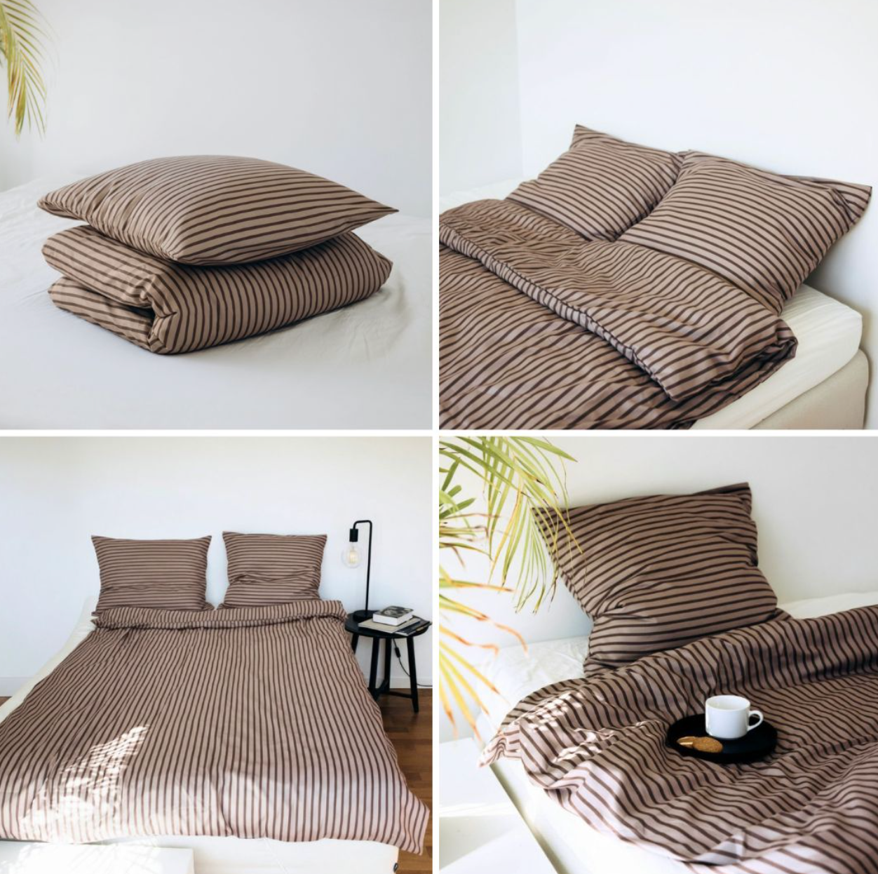 Stribet sengetøj beige strib  140x200
