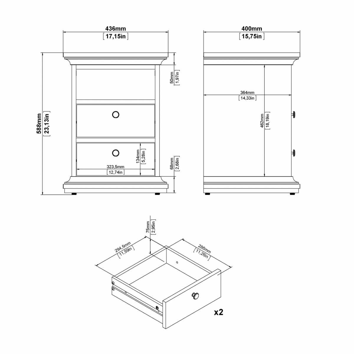 Natbord Paris Grey – 2 skuffer