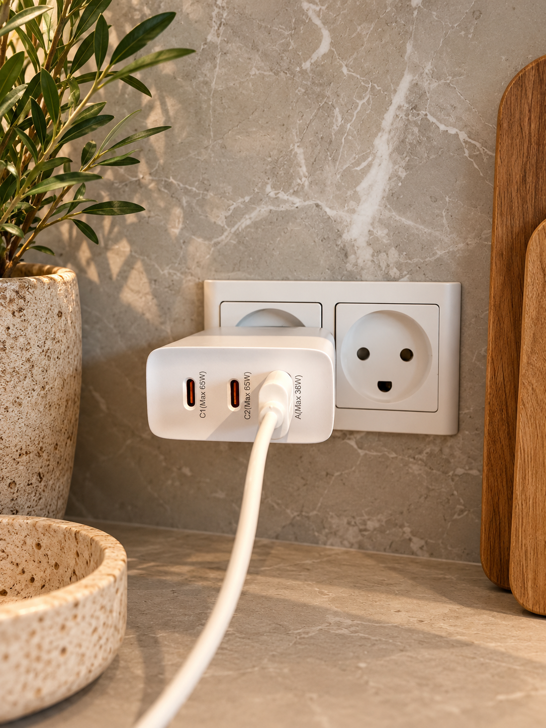Hurtig USB-C-oplader med 3 porte