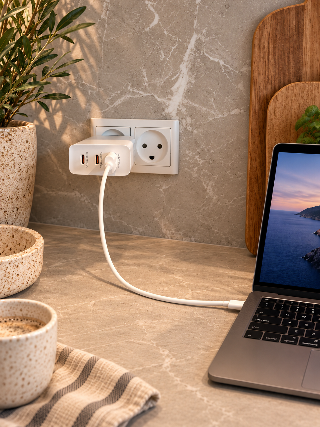 Hurtig USB-C-oplader med 3 porte