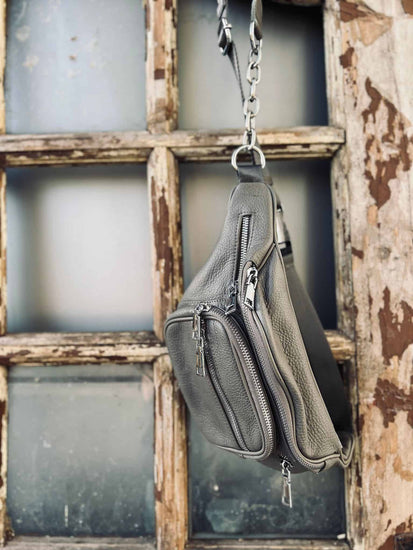 Bumbag MAY med sølv lynlås - Taupe læder - VIAMAJA.DK