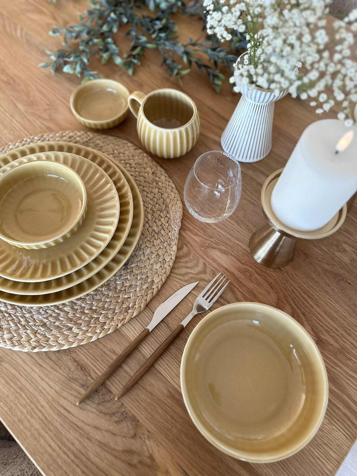 Skål VIGA strib stentøj - Sennep flere størrelser