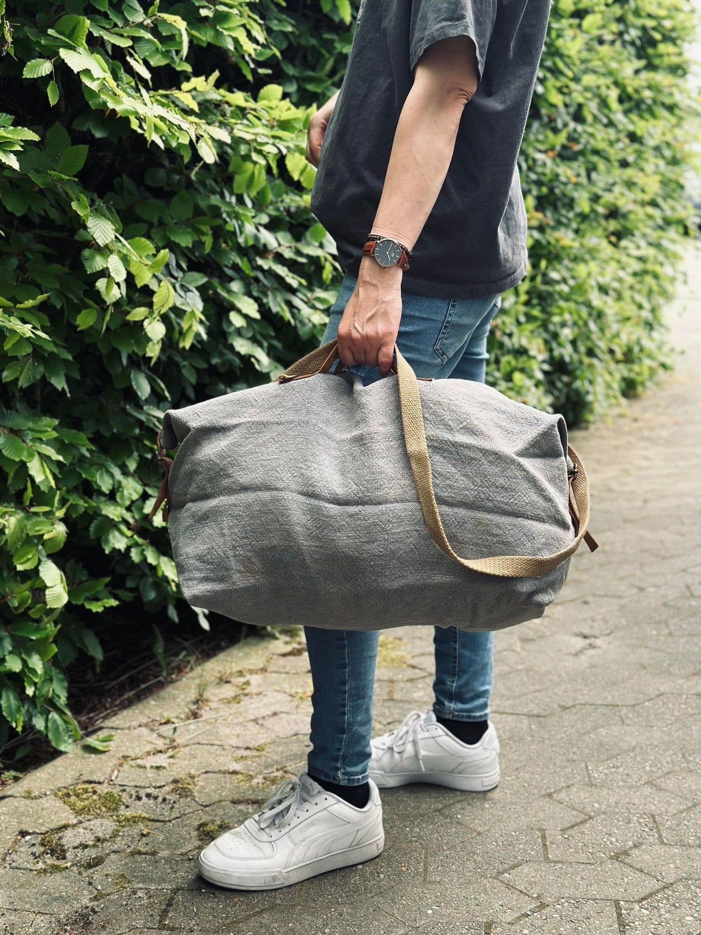 Weekendtaske - WASHED JUTE GREY - VIAMAJA.DK